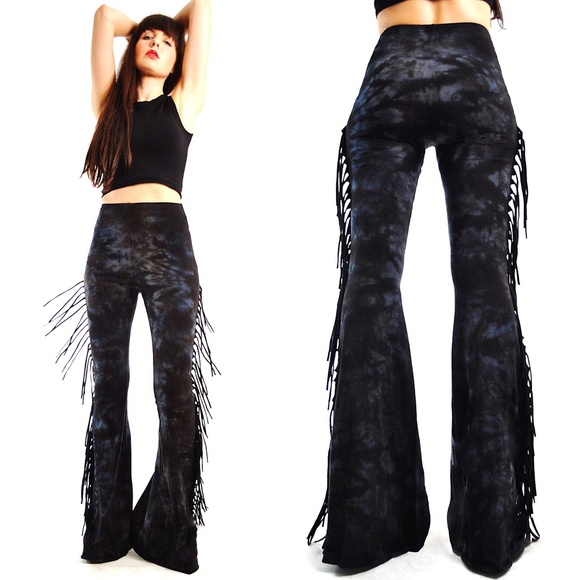 SHORT LENGTH High Waisted Fringe Bell Bottoms BLACK & GREY TIE DYE Rocker Style - Picture 4 of 7